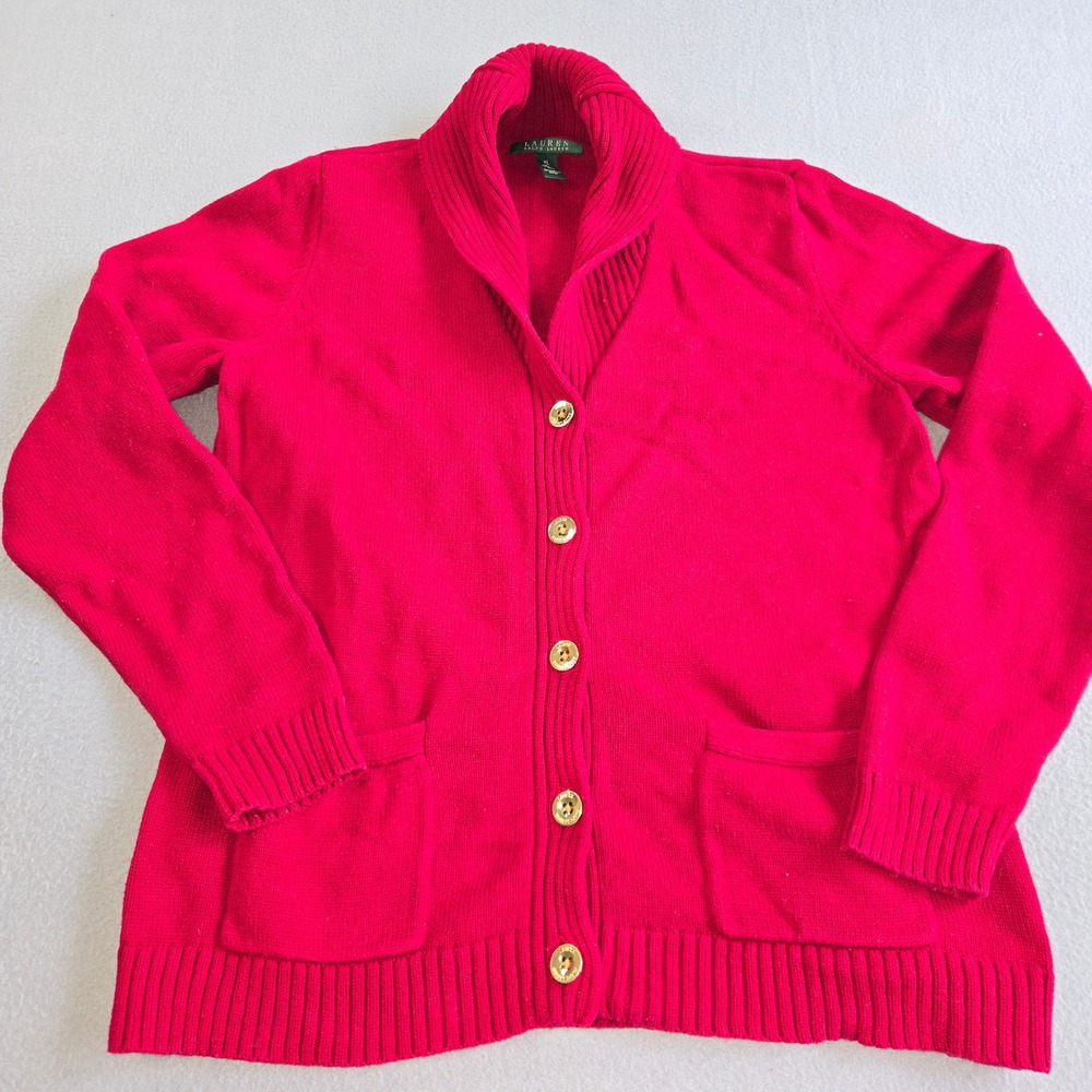 Lauren Ralph Lauren Cardigan Women XL Red Shawl Collar Gold Button Cotton Knit